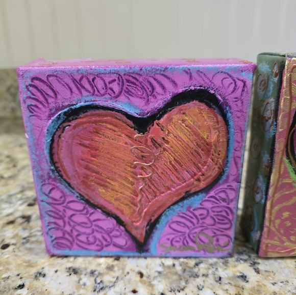 Susan Rene Original Signed Canvas Art Small Heart Set (3) 5x5 - Picture 4 of 9